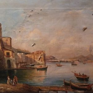 Veduta di Palazzo Don Anna con sfondo del Vesuvio a Napoli