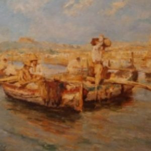 Barca nel mare con pescatori in primo piano e paesaggio di sfondo
